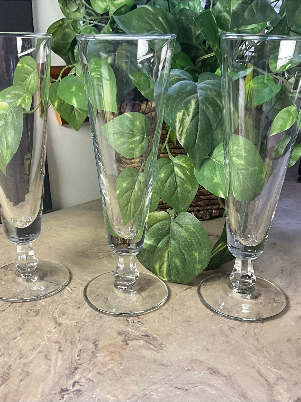 Three MCM Mid Century Tall Footed Champagne Pilsner Crystal Clear Glass
